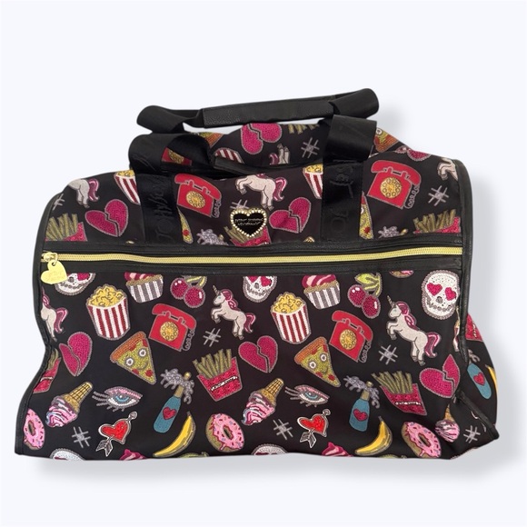 Betsey Johnson Black Travel Bag with Colorful Patterns emoji style duffel bag - Picture 1 of 16